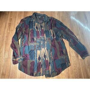 Vintage 90s CHAUS Abstract Print Shirt Teal Burgundy Rayon Art Medium